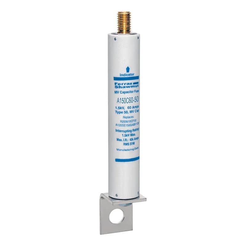 Mersen A150C60-50 - Medium Voltage Capacitor Fuse 1500VAC 60A Female Stud To L Bracket Visual Indicator Amp-Trap®