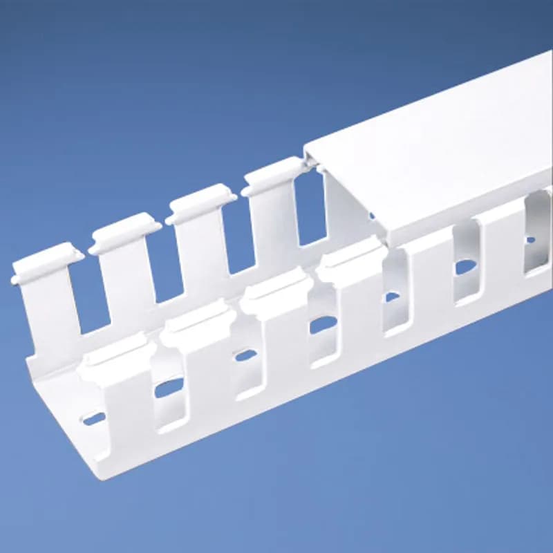 The NNC75X75WH2 Halogen-Free Wide Slot Wiring Duct is used to route, protect, and manage wires near sensitive electronic equipment and in environments where heat resistance or public safety is a concern. UL 94 flame class of V-0 with a UL recognized continuous-use temperature up to 95 C (203 F). Halogen-Free, Polyphenylene Oxide (PPO). Mounting holes provided. 2.85" x 2.97" (72.4 mm x 75.4 mm) and 6.6' (2 m) long. Cover included. Color White. 5 pieces per package.