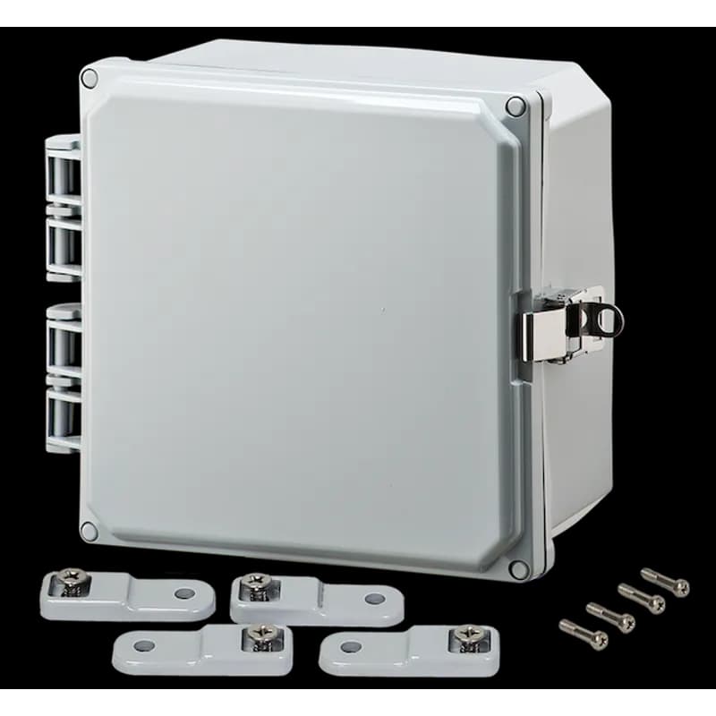 8x8x4 Polycarbonate Enclosure NEMA 4X | Hinged Cover | Gray | Stainless Steel Locking Latch | Mounting Feet
