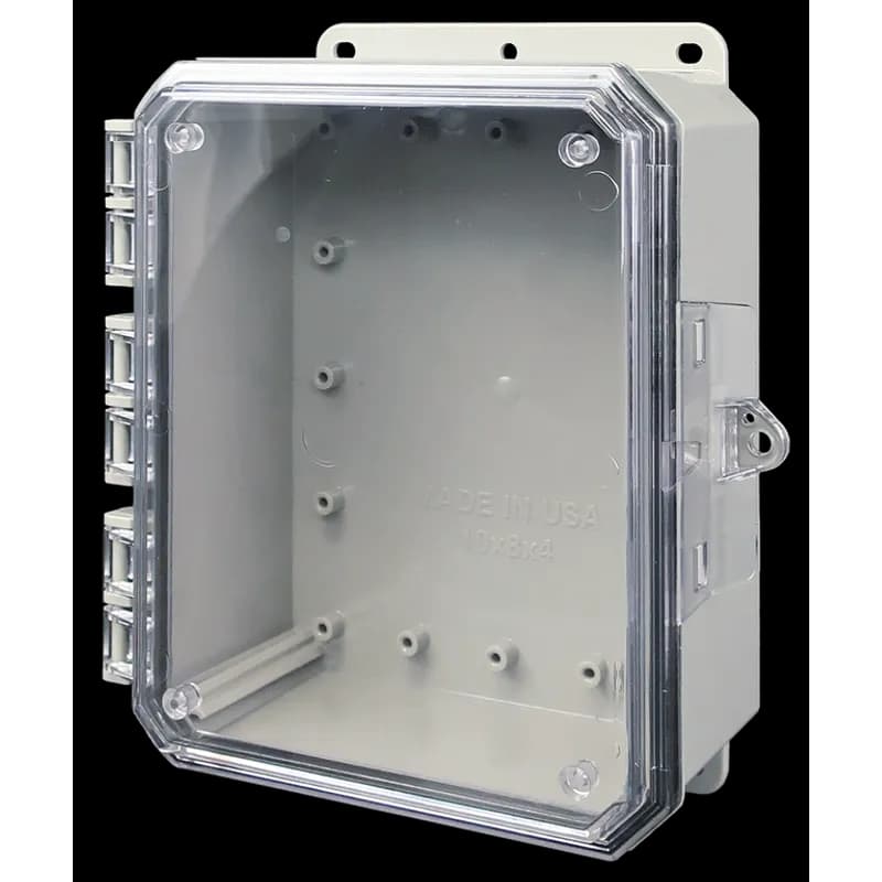 10x8x4 Polycarbonate Enclosure NEMA 6P | Standard Hinge | Clear Lid | Integrated Locking Latch | Intergrated Mounting Flange