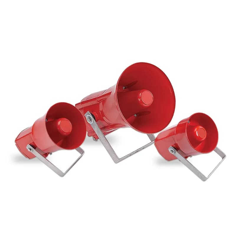 Federal Signal ES1-112-74 - Hazardous Area Powered Loudspeaker, 15 Watt, Multi-Voltage, Atex, EExdIIB - 107 dBa at 1 meter. Remote tone selection. Dual cable entries. 15 tones on-board sounder. Integrated DC and AC voltages. Short horn version (8W). Approved for Zone 1 IIB and IIC. IP66 or IP67 enclosure. ES4-120 and ES5-120 versions are IECEx, INMETRO and EAC only. ATEX, IEXCx, and CE Rated.