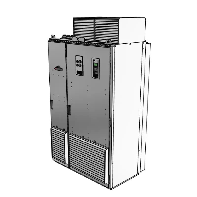 CABINET DRIVE REGENERATIVE, Product Family: ACS800, Horsepower: 500 HP, Output Current: 643 A, Voltage: 480 VAC, Voltage Range: 380-500V, NEMA 12 / UL Type 12 (IP54), Floor-mounted, Local or Remote Mounted LCD Display and Keypad, 3-Phase Input, 3-Phase Output, Frame: R8i, Product HxWxD: 91.1 in x 48.4 in x 25.4 in, Product Weight: 2090 lbs