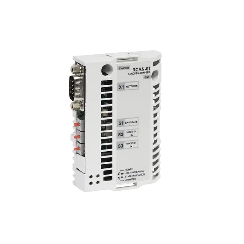 CANopen is a higher layer protocol based on the CAN (Control Area Network) serial bus system and the CAL (CAN Application Layer). CANopen assumes that the hardware of the connected device has a CAN transceiver and a CAN controller as specified in ISO 11898.The CANopen Communication Profile, CiA DS 301, includes both cyclic and event driven communication, which makes it possible to reduce the bus load to minimum while still maintaining extremely short reaction times. High communication performance can be achieved at relatively low baud rates, thus reducing EMC problems and cable costs. CANopen device profiles define both direct access to drive parameter and time critical process data communication. The RCAN-01 module fulfills Cia (CAN in Automation) standard DSP 402 (Drives and Motion Control).