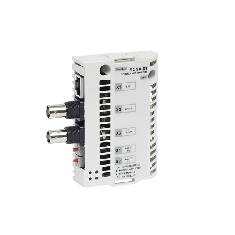 ABB - Low Voltage Drives RCNA-01-KIT - The ControlNet network uses a RG-6 quad shielded cable or fiber with support for media redundancy. The RCNA-01 Adapter module supports only RG-6 quad shielded cable (coax) for the bus connection. ControlNet is flexible in topology options (bus, tree, star) to meet various application needs. The fieldbus speed is 5 Mbits/s. The RCNA-01 ControlNet Adapter module can not originate connections on its own, but a scanner node can open a connection towards it. The ControlNet protocol is implemented according to the ControlNet international specification for a Communication adapter.