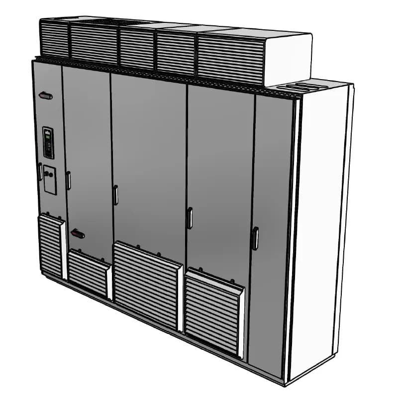 CABINET DRIVE ULTRA LOW HARMONIC, Product Family: ACS800, Horsepower: 1250 HP, Output Current: 1476 A, Voltage: 480 VAC, Voltage Range: 380-500V, NEMA 12 / UL Type 12 (IP54), Floor-mounted, Local or Remote Mounted LCD Display and Keypad, 1330 KVA, 3-Phase Input, 3-Phase Output, Frame: 3xR8i, Product HxWxD: 91.1 in x 139 in x 25.4 in, Product Weight: 6746 lbs