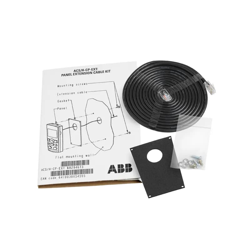 Control Panel Mounting Kit for ACS550 drives allows remote mounting of the ACS550 keypad on the door of an enclosure. The kit includes a 10 ft (3 m) CAT 5 patch cable, gasket for NEMA 12, mounting hardware and drilling template.