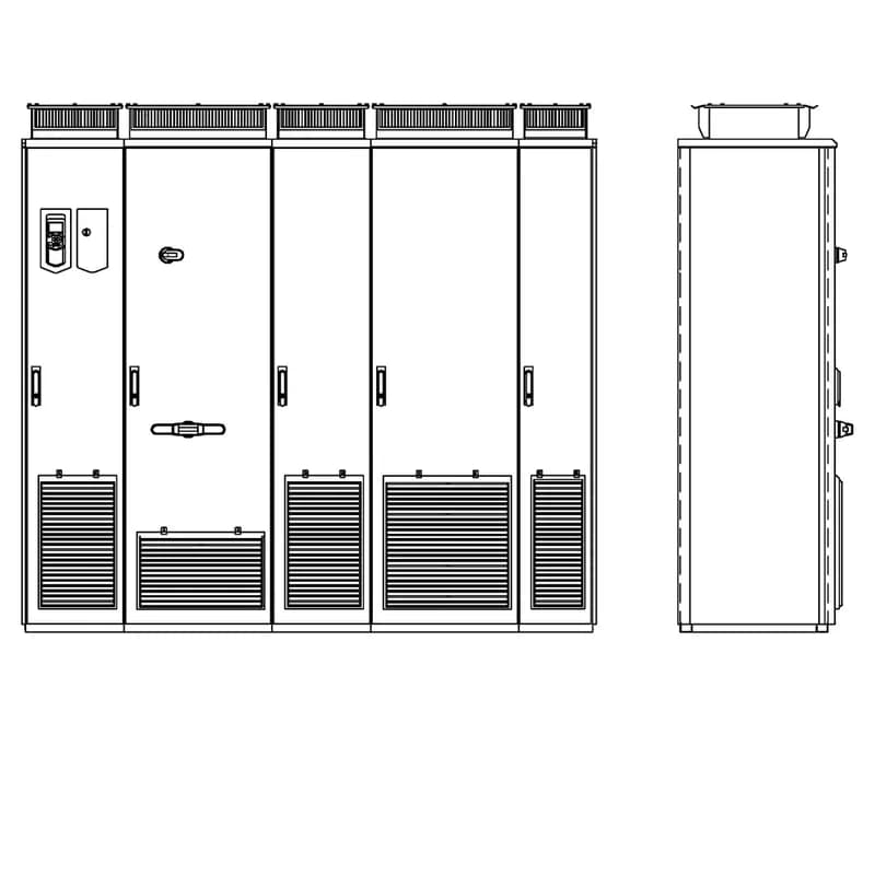 CABINET DRIVE, 12 PULSE CONNECTION, Product Family: ACS880, Horsepower: 800 HP, Output Current: 950 A, Voltage: 480 VAC, Voltage Range: 380-500V, UL TYPE 1 Filtered (IP42), Floor-mounted, Local or Remote Mounted LCD Display and Keypad, Common Motor Terminal Cubicle, 3-Phase Input, 3-Phase Output, Frame: 2xD7T+2xR8i, Product HxWxD: 84.5 in x 91.8 in x 27.5 in, Product Weight: 4120 lbs
