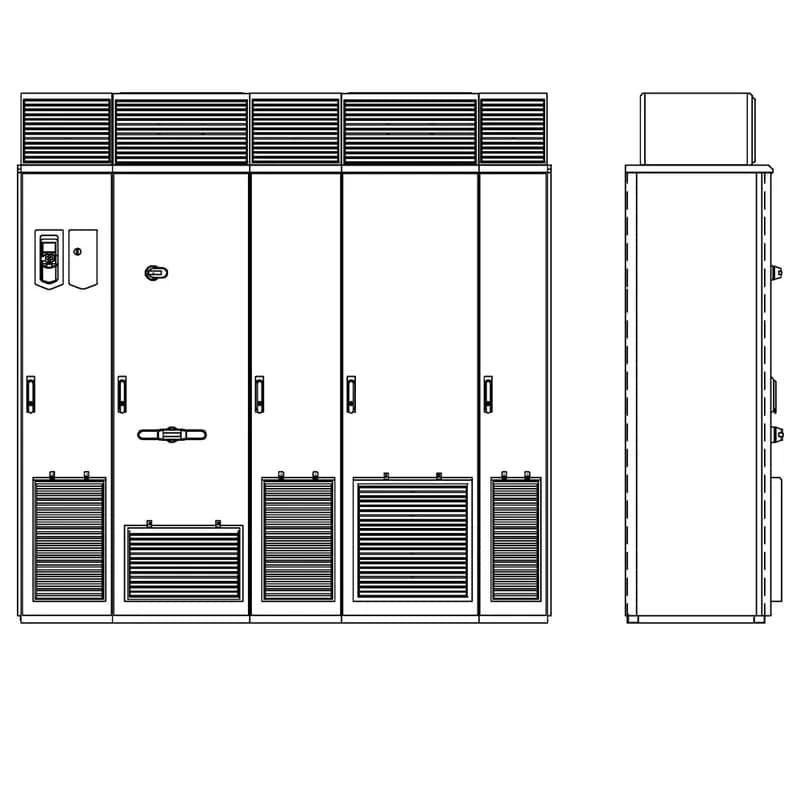 CABINET DRIVE, 12 PULSE CONNECTION, Product Family: ACS880, Horsepower: 800 HP, Output Current: 950 A, Voltage: 480 VAC, Voltage Range: 380-500V, UL TYPE 12 (IP54), Floor-mounted, Local or Remote Mounted LCD Display and Keypad, Common Motor Terminal Cubicle, 3-Phase Input, 3-Phase Output, Frame: 2xD7T+2xR8i, Product HxWxD: 84.5 in x 91.8 in x 27.5 in, Product Weight: 4120 lbs