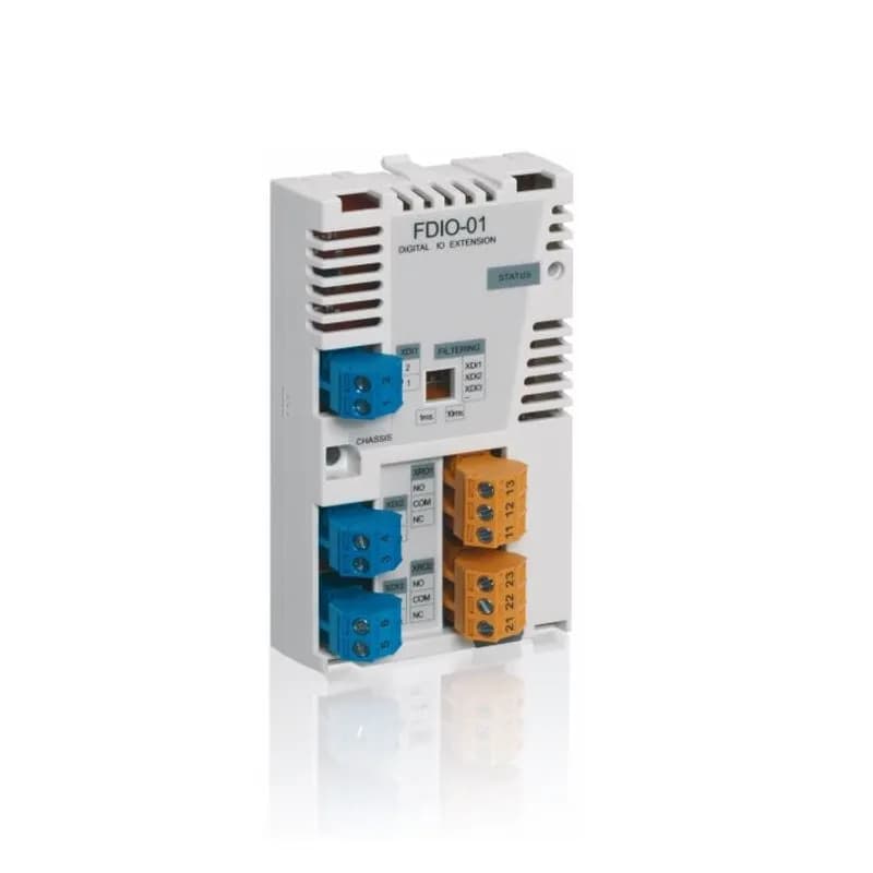 The FDIO-01 digital I/O extension module expands the digital inputs and outputs of the drive control unit. It has three digital inputs (up to 250 VDC or 230 VAC) and and two form C (NO/NC) relay outputs (2 Amps at 240 VAC).
