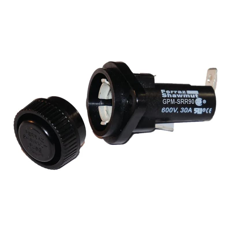 Mersen GPM-SRR90 - Fuse Block 600VAC 600VDC Class CC 30A 1/4in Quick Connect / Solder 90 angle screw Knob Panel Mount