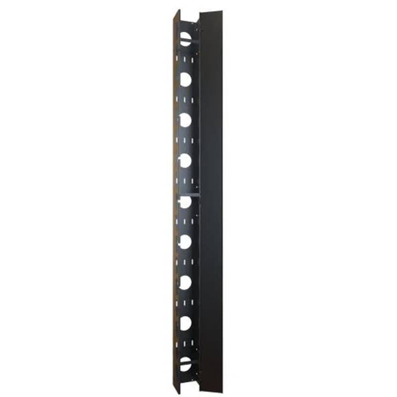 48U Rack Basics Vertical cable manager with hinged door and swing-away stabilizer.
