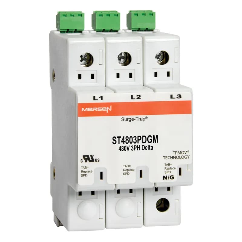 Surge-Trap® Surge Protective Device is a no-fuse surge suppressor. The Surge-Trap is a UL 1449 Third Edition compliant modular style surge protective device that is DIN-rail mountable featuring a fail-safe self-protected design, visual indicator and a small foot print. A remote indicator option provides status to critical control circuit. The Surge-Trap provides advanced overvoltage protection utilizing Mersen's patented TPMOV® technology without additional protection devices. 480 Volts 3P Delta system type without N-G mode, with microswitch .