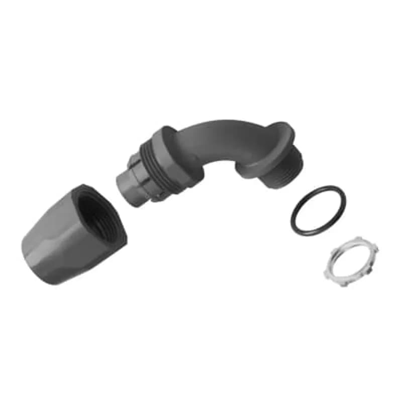 1/2 Inch, 90 Degree, Two-Piece Liquidtight Non-Metallic Fitting, UL E32447, Temperatures up to 107 Degrees C, Nitril Rubber O-Ring, PVC, Grey