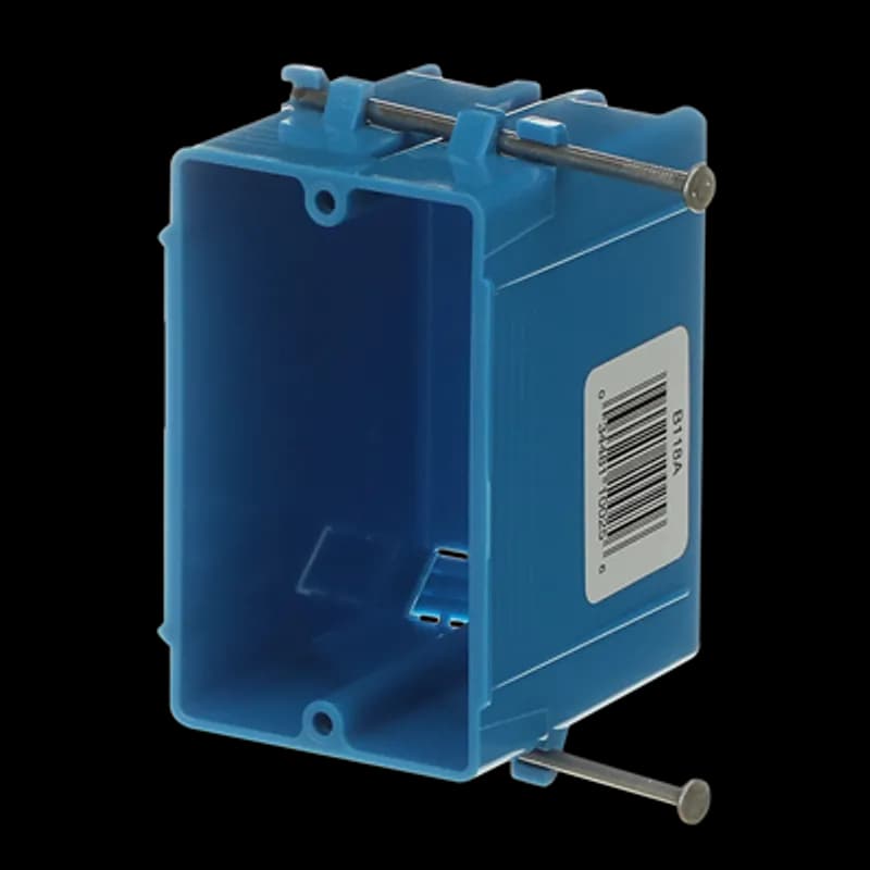 ABB - Installation Products B118A - One-Gang Nail-On New Work Outlet Box, Volume 18 Cubic Inches, Length 3-3/4 Inches, Width 2-1/4 Inches, Depth 2-7/8 Inches, Color Blue, Material PVC, Mounting Means Captive Nails